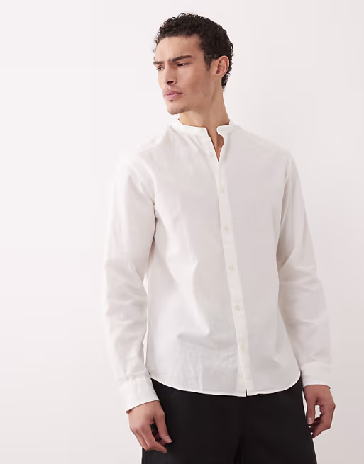 Linen Blend Shirt with Stand Collar in White