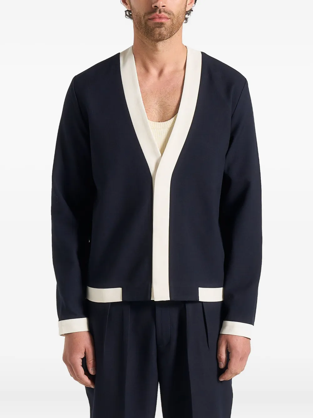 Clovis tailored contrast-placket cardigan